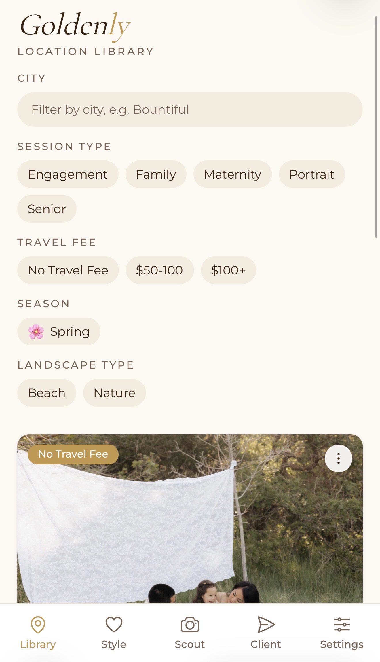 Goldenly location library screen showing city, session type, travel fee, and season filters with a location photo card