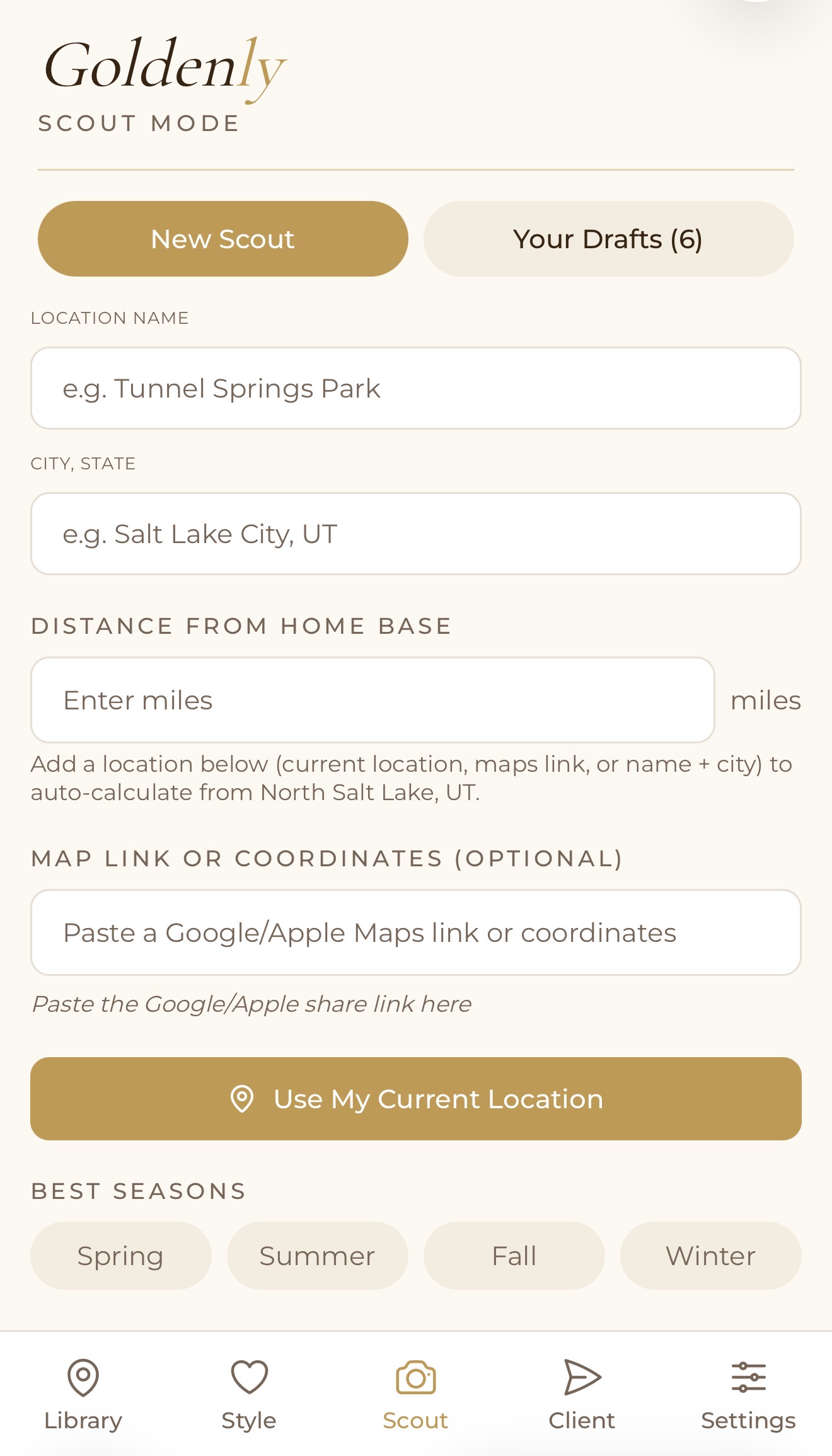 Goldenly Scout Mode screen for logging a new location with name, city, distance from home base, map link, and best seasons