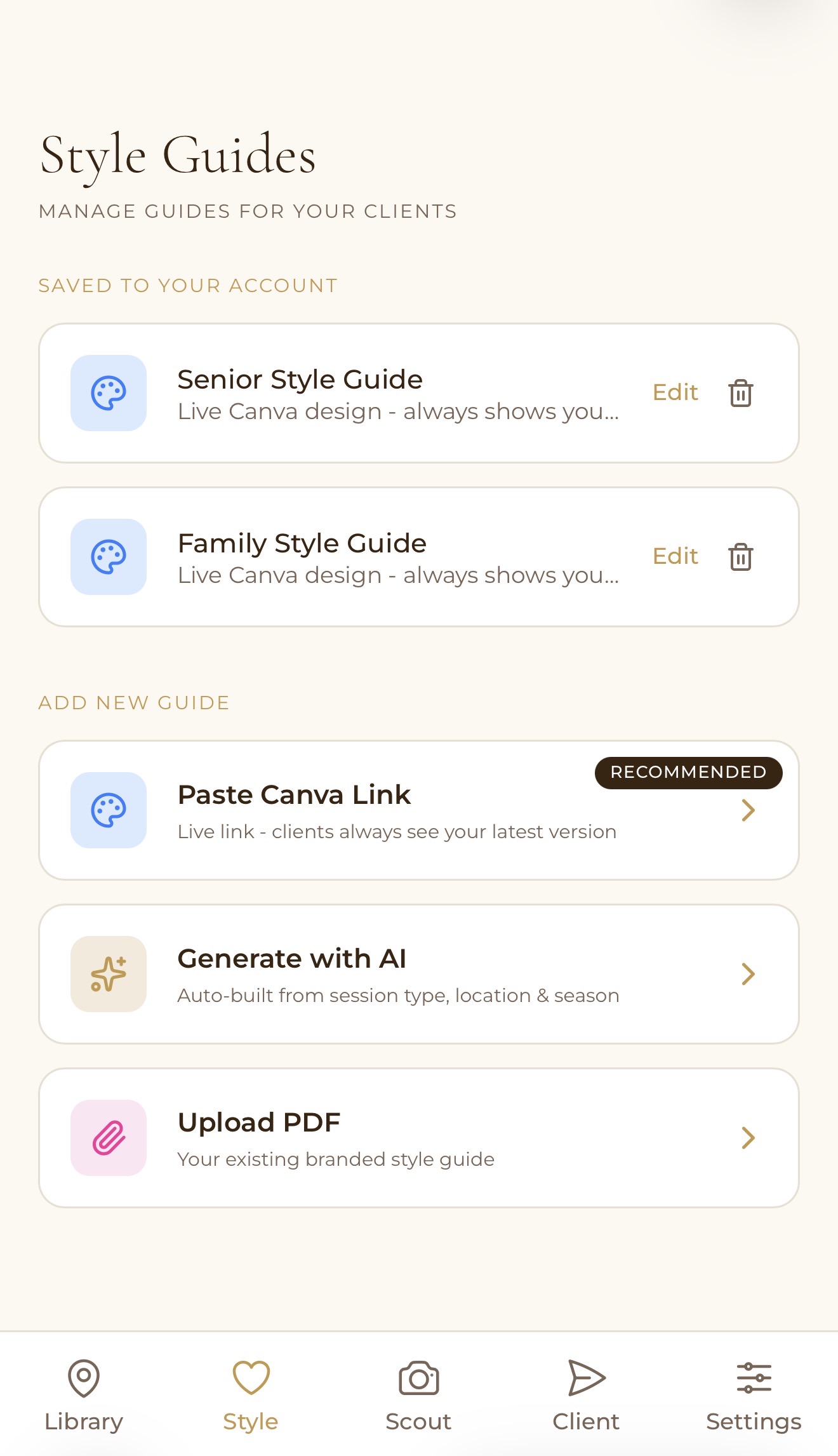 Goldenly Style Guides screen with saved Senior and Family guides and options to paste a Canva link, generate with AI, or upload a PDF